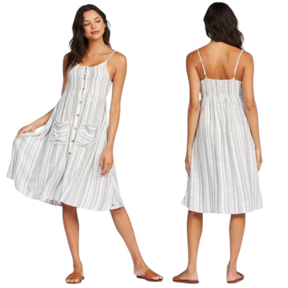 Roxy Striped Midi‎ Dress Small Blue White Pockets Coastal Tank Sundress Beachy